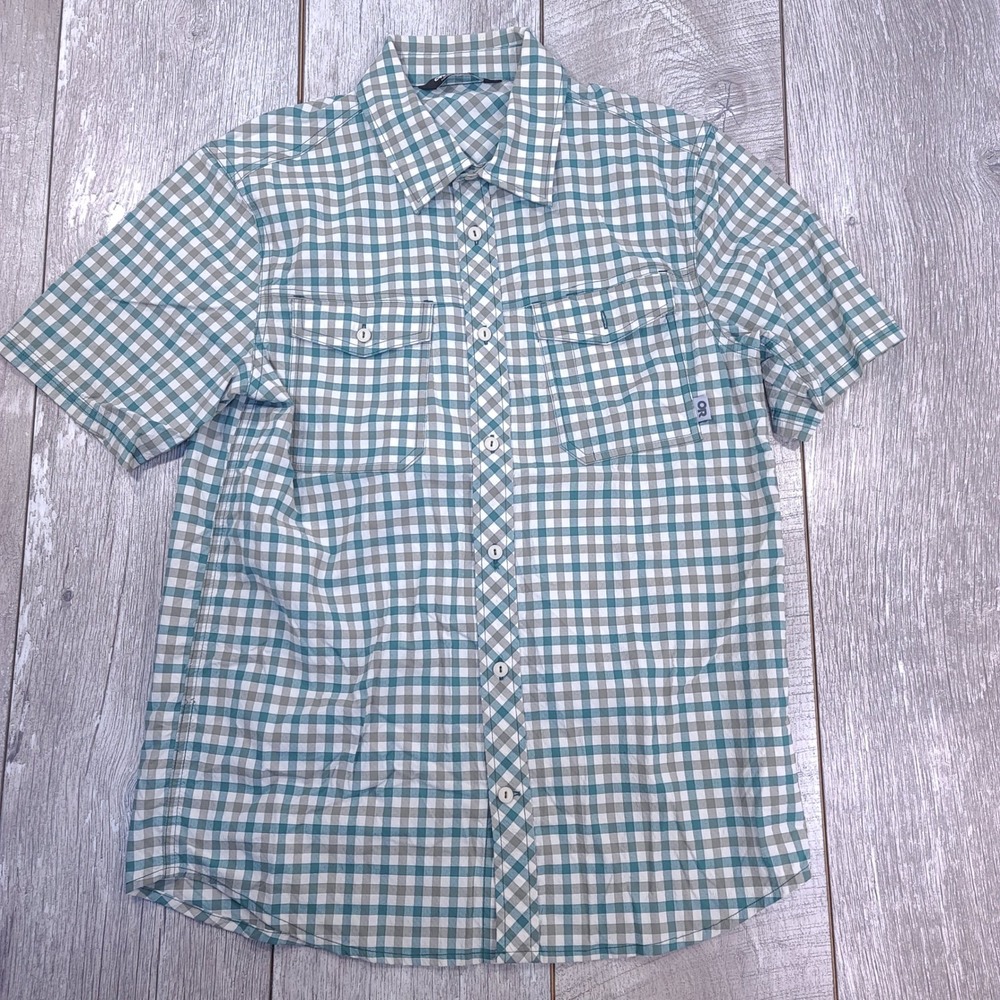 Outdoor Research Wanderer Shirt Mens Small Teal Gingham Plaid Short Sleeve Top
